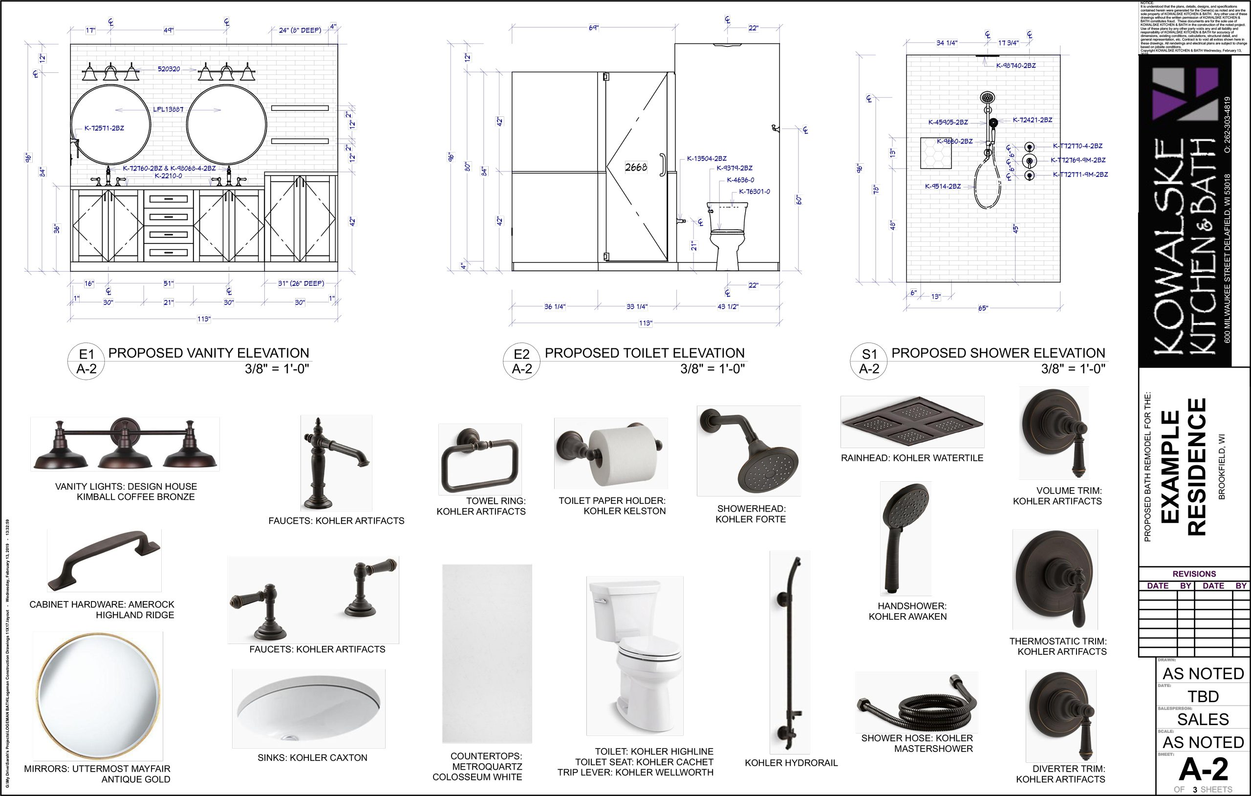 Master bathroom construction drawing, material selection