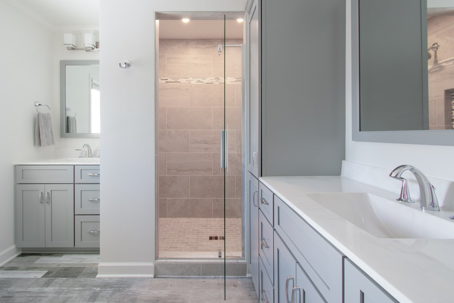 master bath remodel with gray cabinets and walk in shower