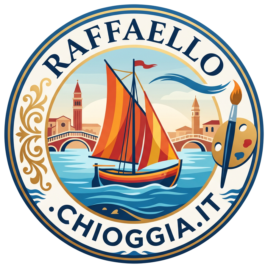 Emblema Raffaello.chioggia.it: bragozzo con le vele colorate davanti a Chioggia